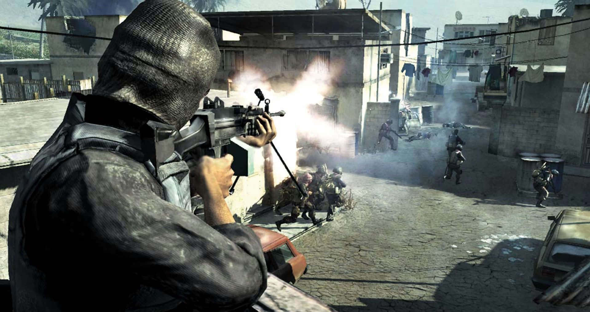 First-person Shooter 桌布 壁紙 — 一名身穿連帽外套的士兵在陽光照射的小巷中發射機槍，煙霧和碎片瀰漫在混亂的城市槍戰中。
