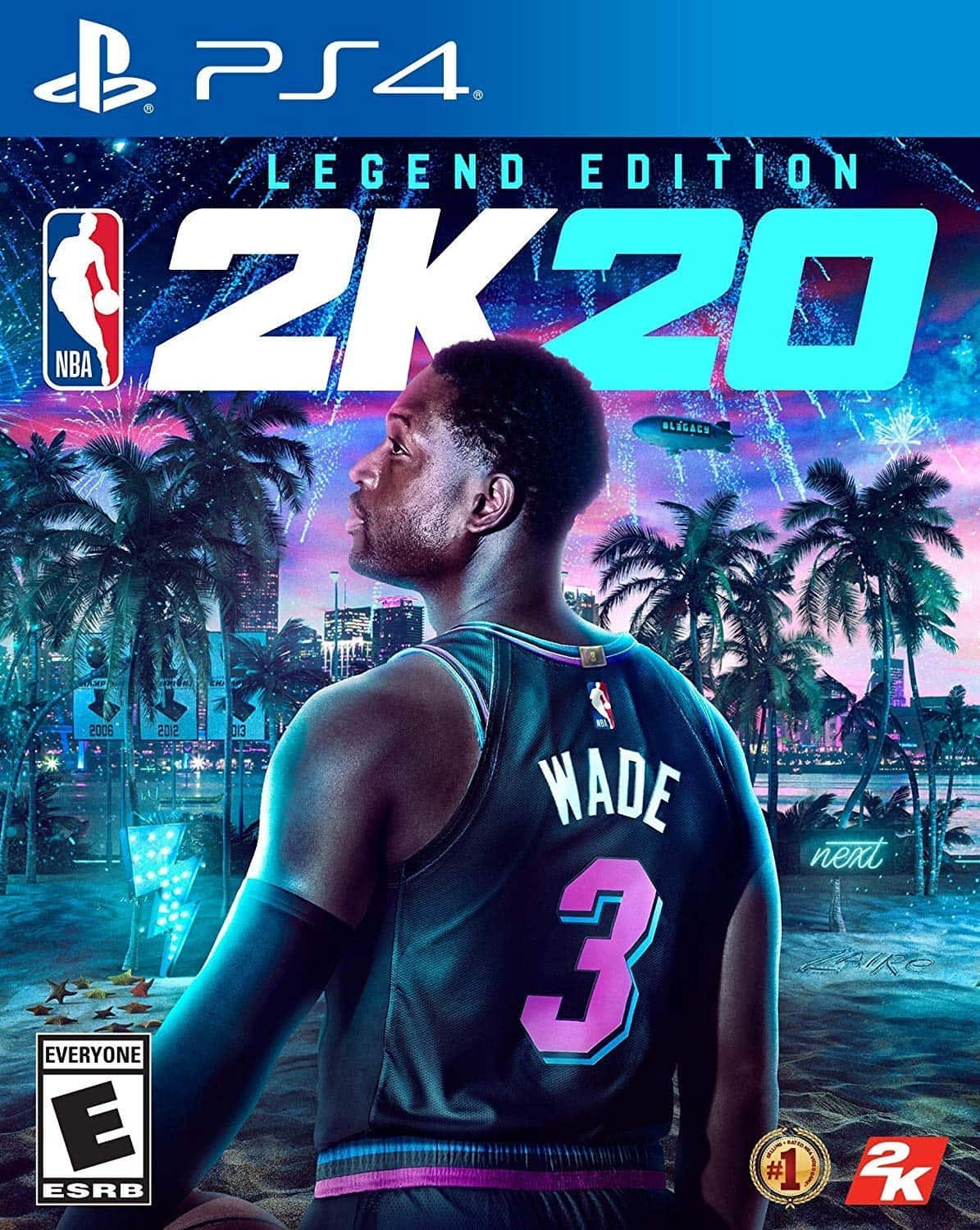 NBA 2k20 桌布 壁紙 — 一名身穿邁阿密熱火球衣的籃球運動員，夜晚站在霓虹燈海灘上，背後有棕櫚樹和煙火。