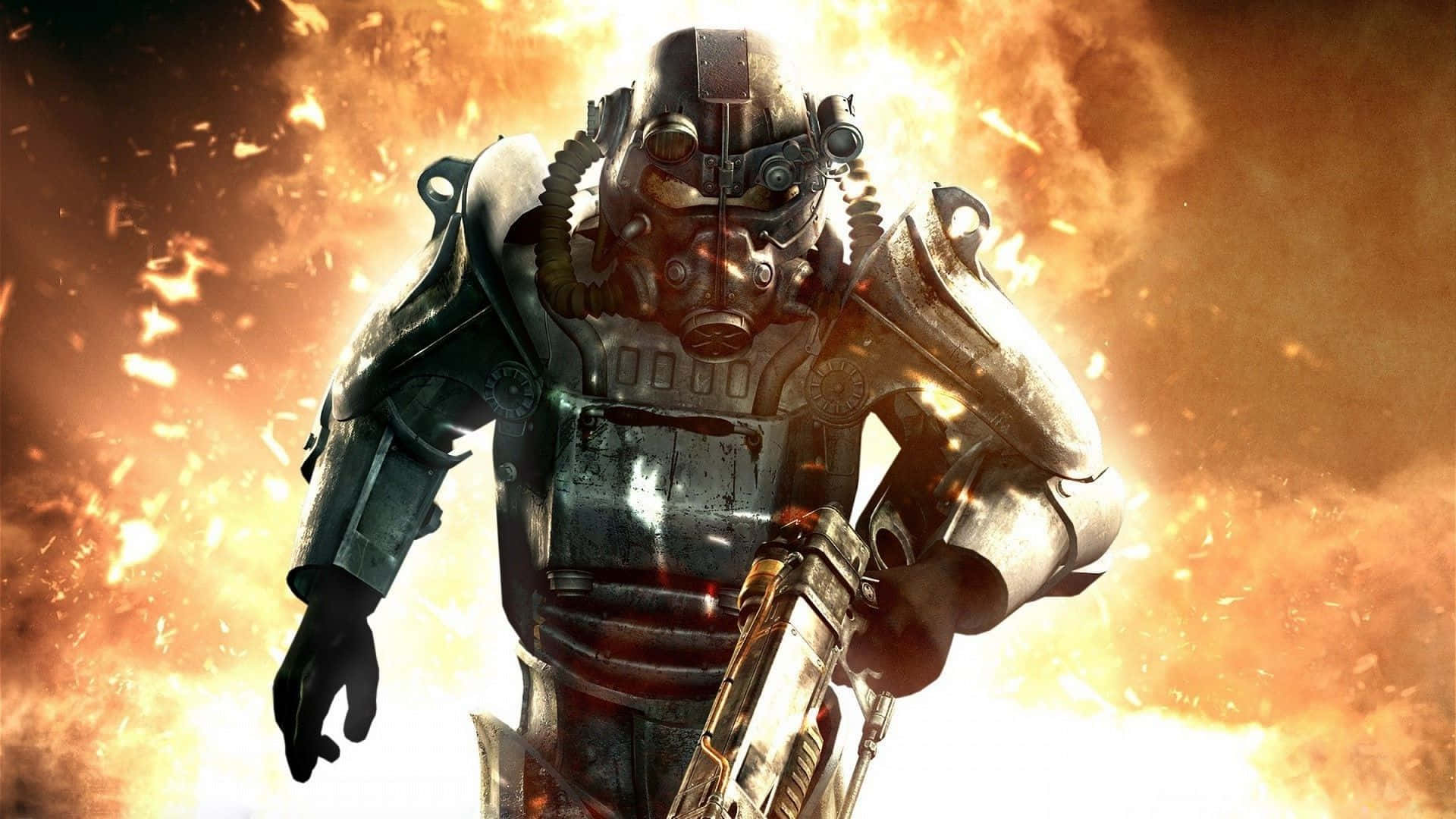 Fallout 4 Power Armor 桌布 壁紙 — 一名身穿重型動力裝甲的士兵，在熾熱爆炸和煙霧的背景下，挑釁地站立著。