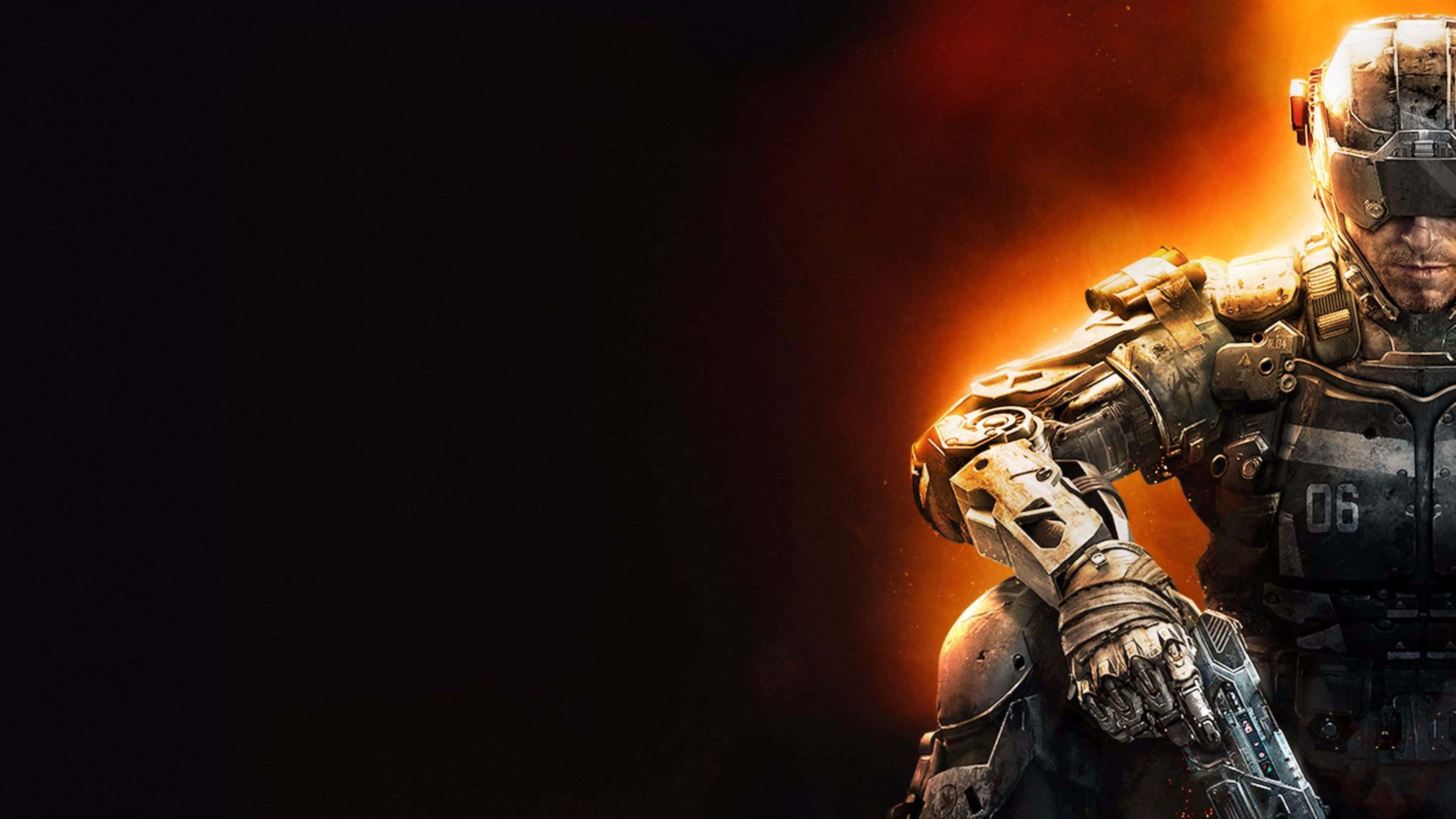 Black Ops 3 桌布 壁紙 — 一名身穿重型盔甲的士兵在黑暗背景下，面對熾熱的橙色光芒站立。
