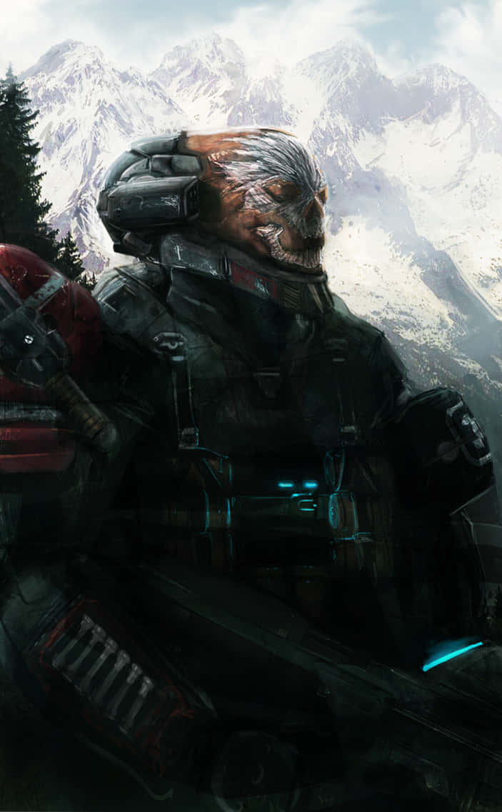 Halo Emile 桌布 壁紙 — 一名身穿重型裝甲、戴著骷髏頭盔的士兵，站在多雲天空下積雪的山地地形中。