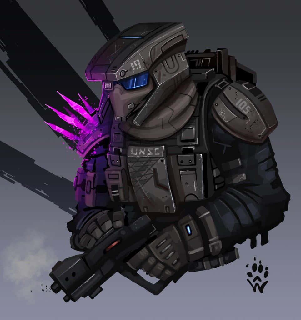 Halo Unsc 桌布 壁紙 — 一名身穿重型裝甲的Halo UNSC士兵在深灰色背景前揮舞著發光的紫色能量武器。