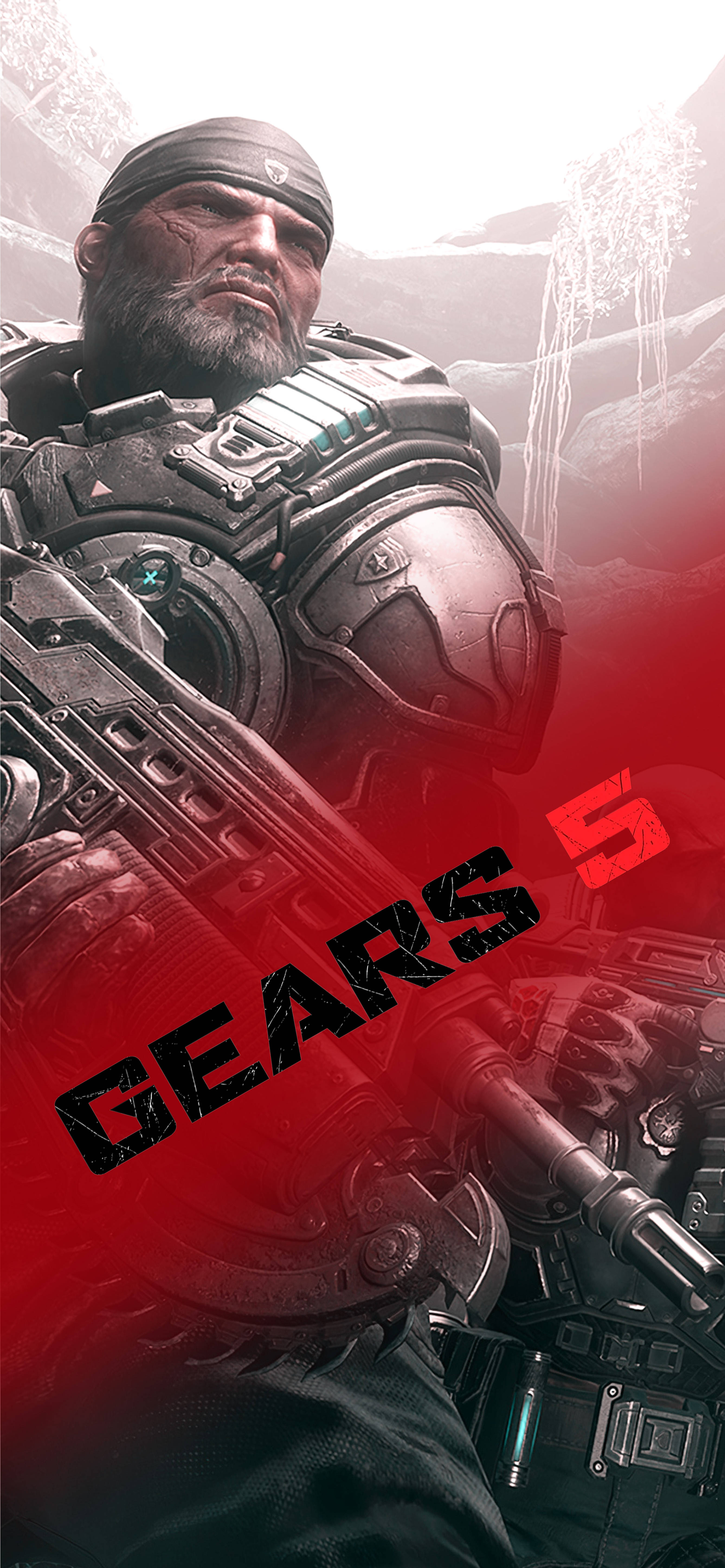 gears 5 iPhone 桌布 壁紙 — 一名身穿重型裝甲的粗獷士兵，在雪山背景下握著步槍，帶有紅色覆蓋層和「GEARS 5」標誌。