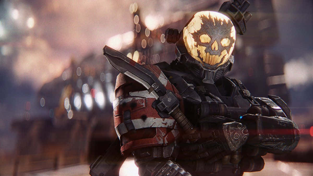 Halo Emile 桌布 壁紙 — 一名身穿重甲、戴著發光骷髏頭盔的士兵，站在煙霧瀰漫的城市戰場上，手持未來武器。
