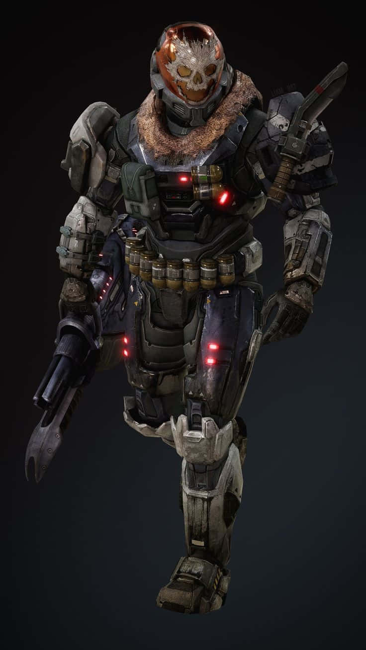 Halo Emile 桌布 壁紙 — 一名身穿重甲、戴著骷髏頭盔並發出紅色光芒的士兵，在黑暗背景中向前邁進。