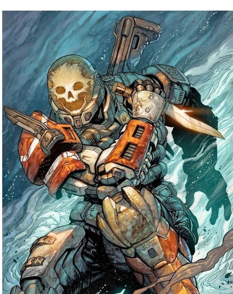 Halo Emile 桌布 壁紙 — 一名身穿重甲、戴著骷髏頭盔的士兵，手持武器在洶湧的藍色海水中跋涉。