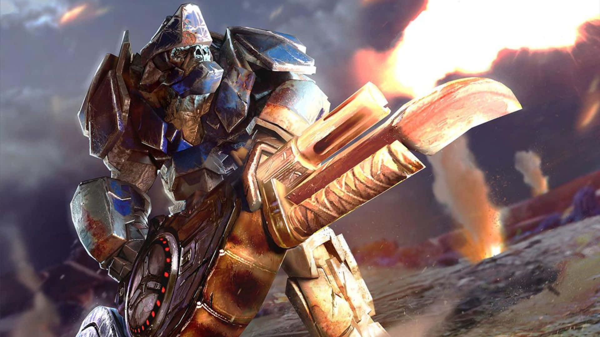 Atriox 桌布 壁紙 — 一名身穿重甲、戴著骷髏頭盔的戰士，在火焰爆炸和煙霧中揮舞著一把巨大的發光劍。