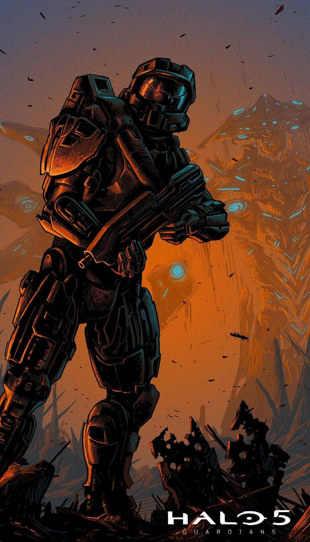 Halo 5 Blue Team 桌布 壁紙 — 一名身穿重甲嘅斯巴達戰士喺一個有發光藍色能量效果嘅火熱外星景觀中準備就緒。