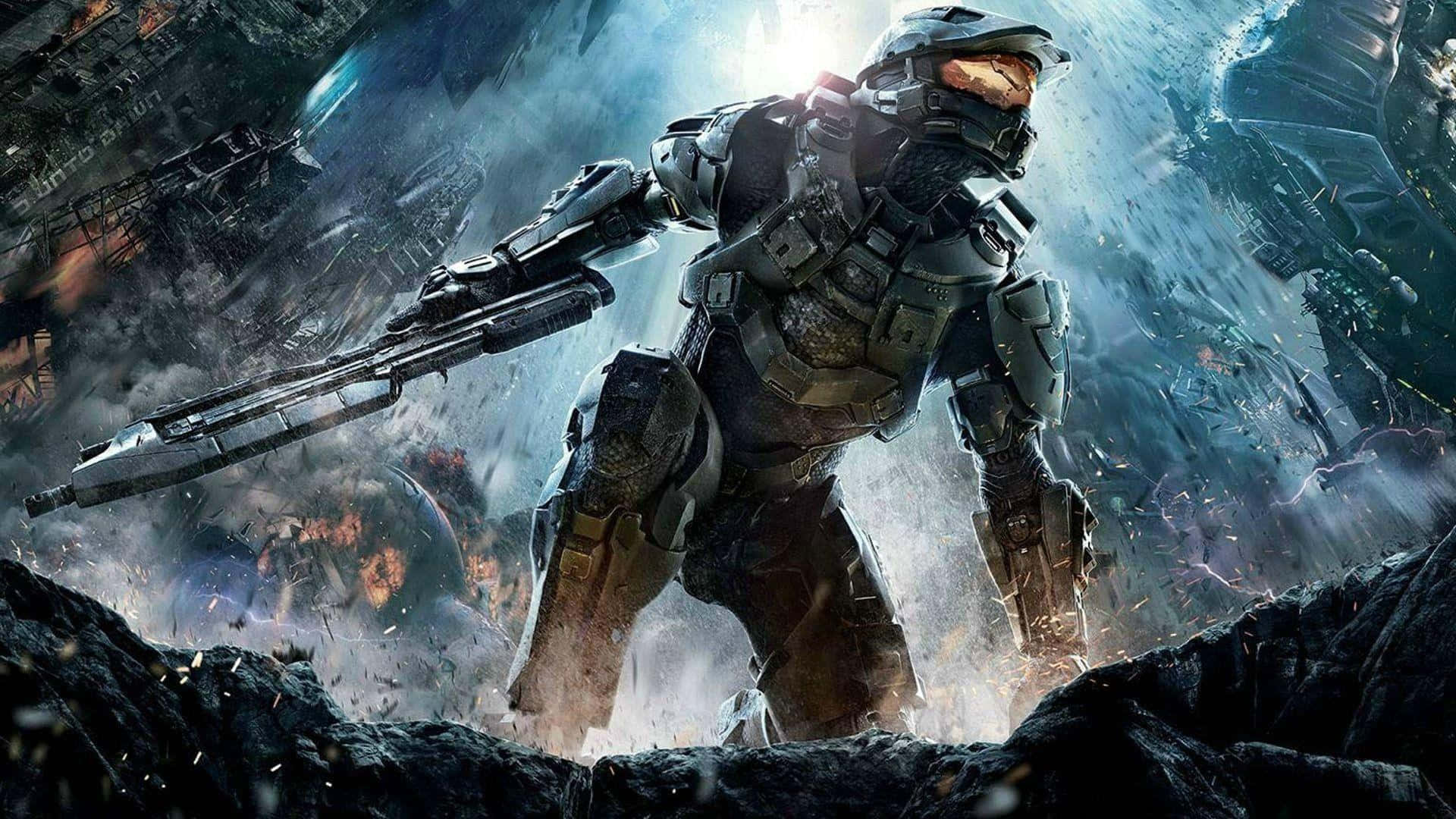 Xbox Games 桌布 壁紙 — 一名身穿重甲嘅斯巴達戰士喺爆炸同碎片四散嘅破碎戰場上，挑釁咁企喺度。