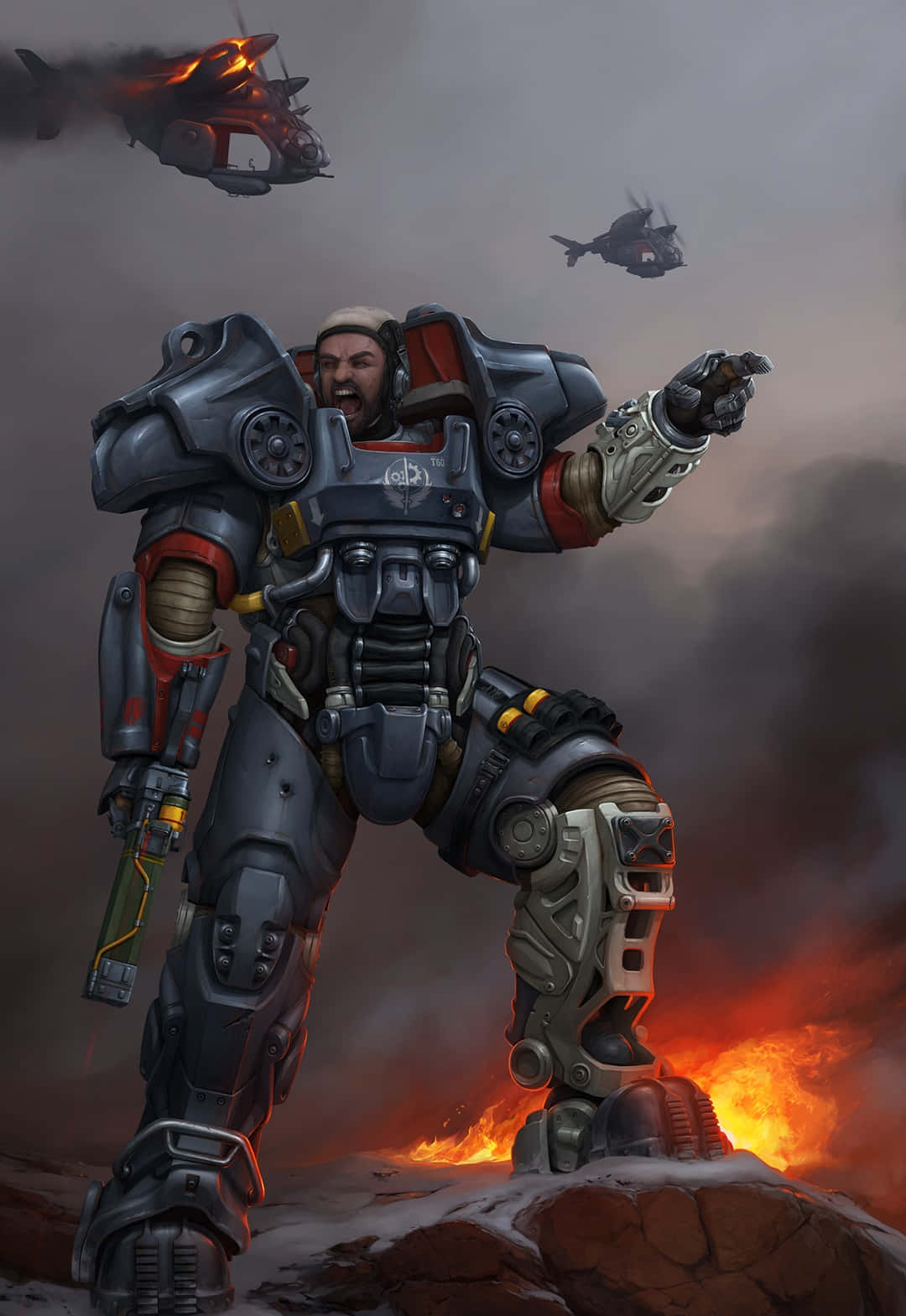 Fallout Brotherhood Of Steel 桌布 壁紙 — 一名身穿重甲的兇猛士兵在火山熔岩和飛行的戰爭機器之間，於煙霧彌漫的戰場上挑釁地咆哮。