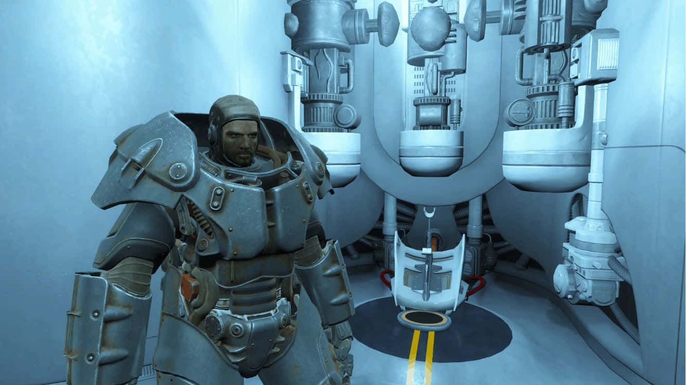 Fallout 4 Institute 桌布 壁紙 — 一名身穿重甲的士兵站在一個無菌的未來風格房間內，地板上有發光的黃色線條，身後是複雜的機械。