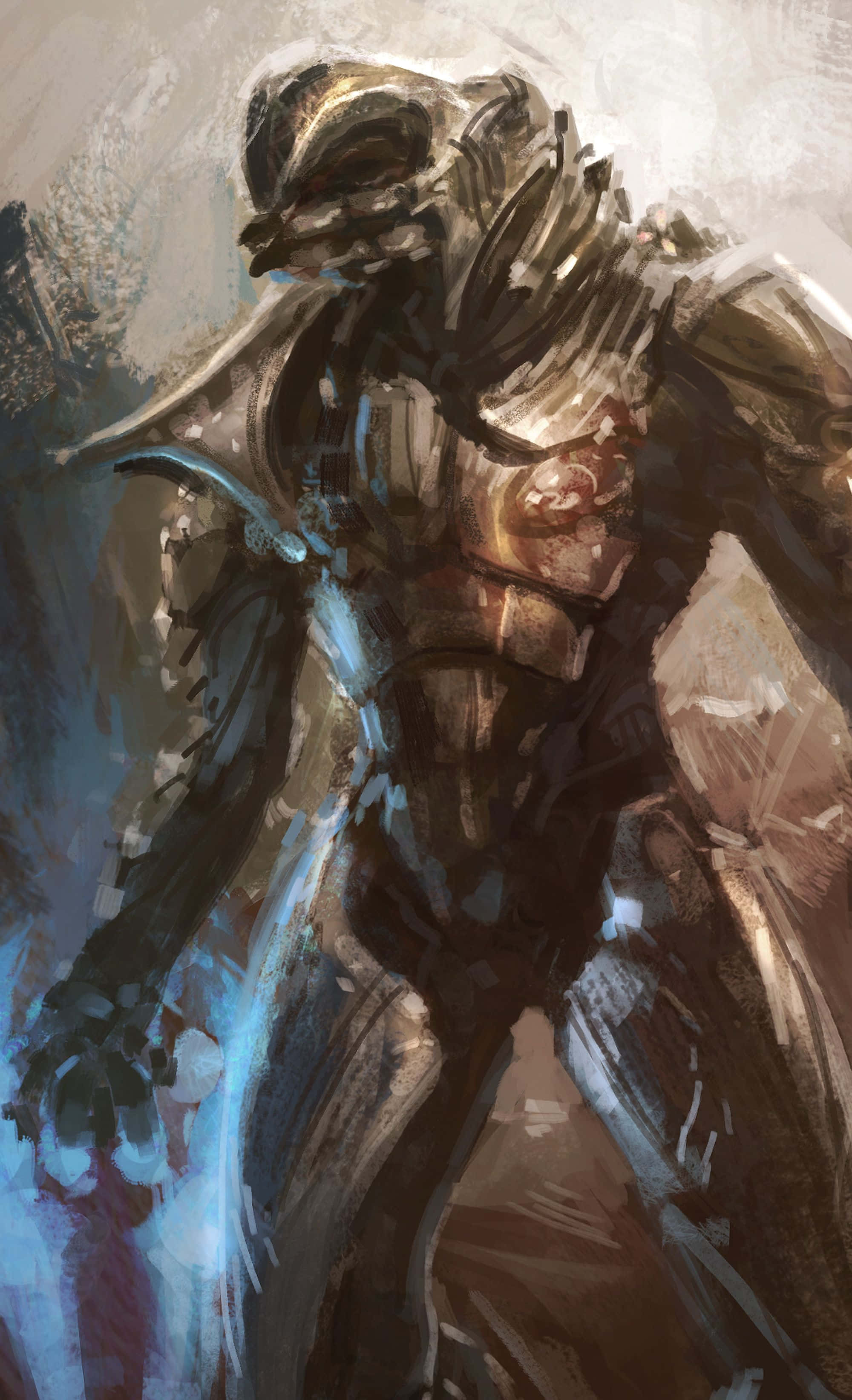 Halo Arbiter 桌布 壁紙 — 一名身穿重甲的戰士，手中流動著發光的藍色能量，呈現動態數位繪畫風格。