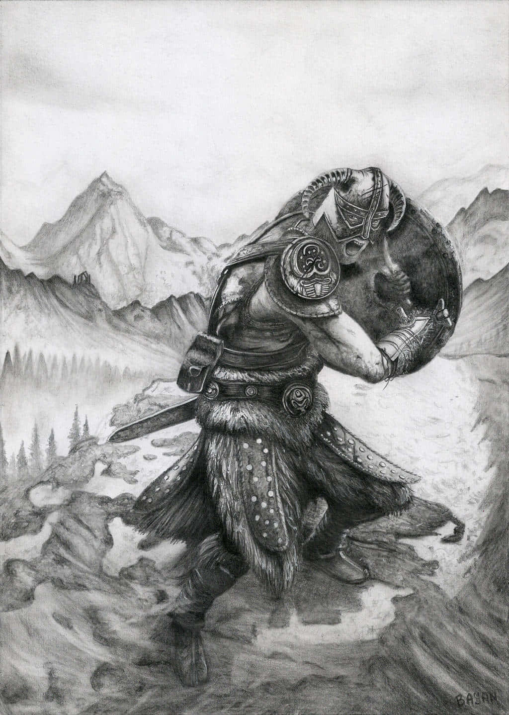 dovahkiin 桌布 壁紙 — 一名身穿重甲的戰士，手持盾牌和劍，在陰雲密布的天空下穿過崎嶇的山口。