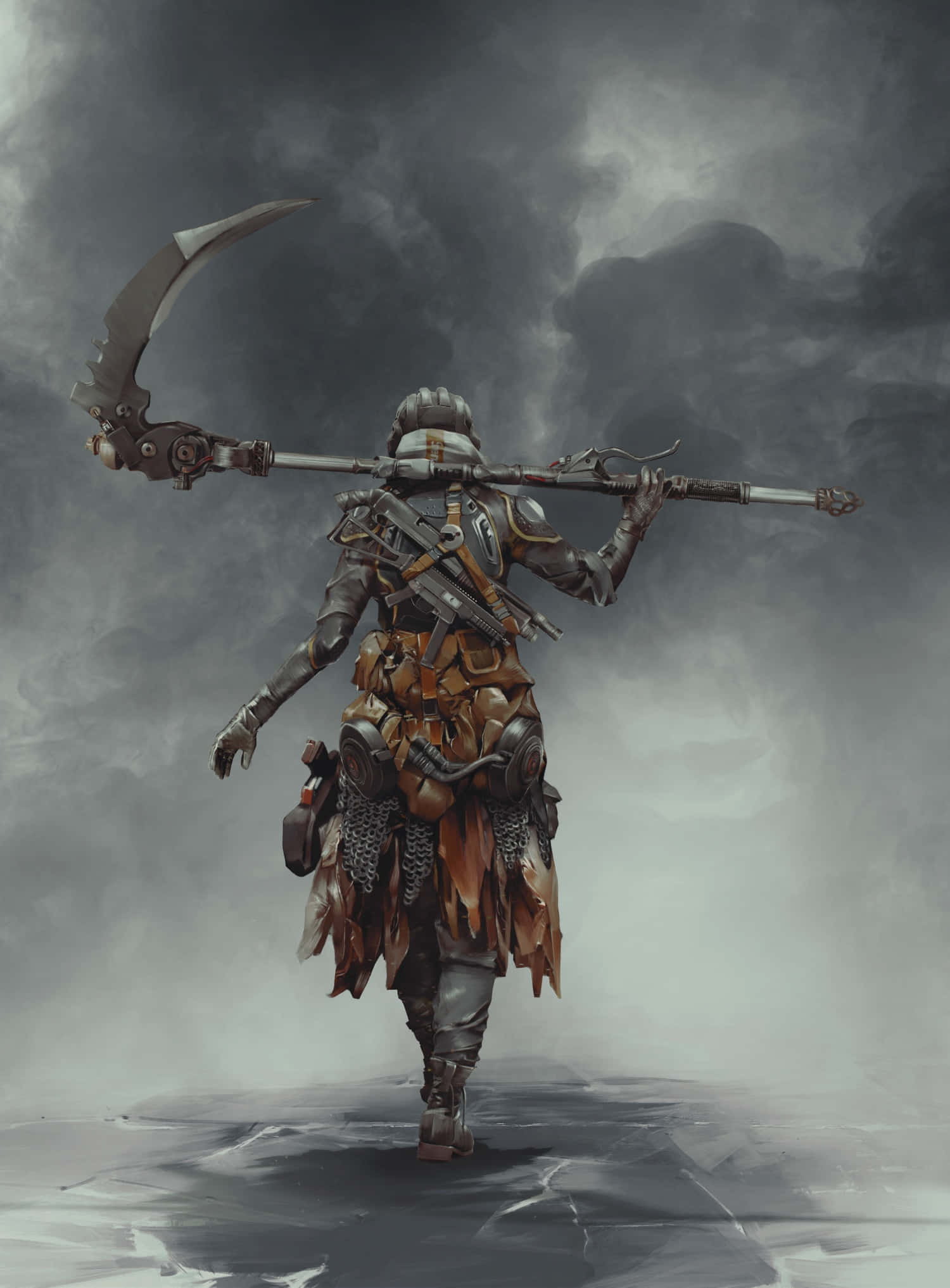 Ashen 桌布 壁紙 — 一名身穿重甲的戰士，肩上扛著一把巨大的彎曲刀刃，在風暴般的灰色景觀中大步前進。