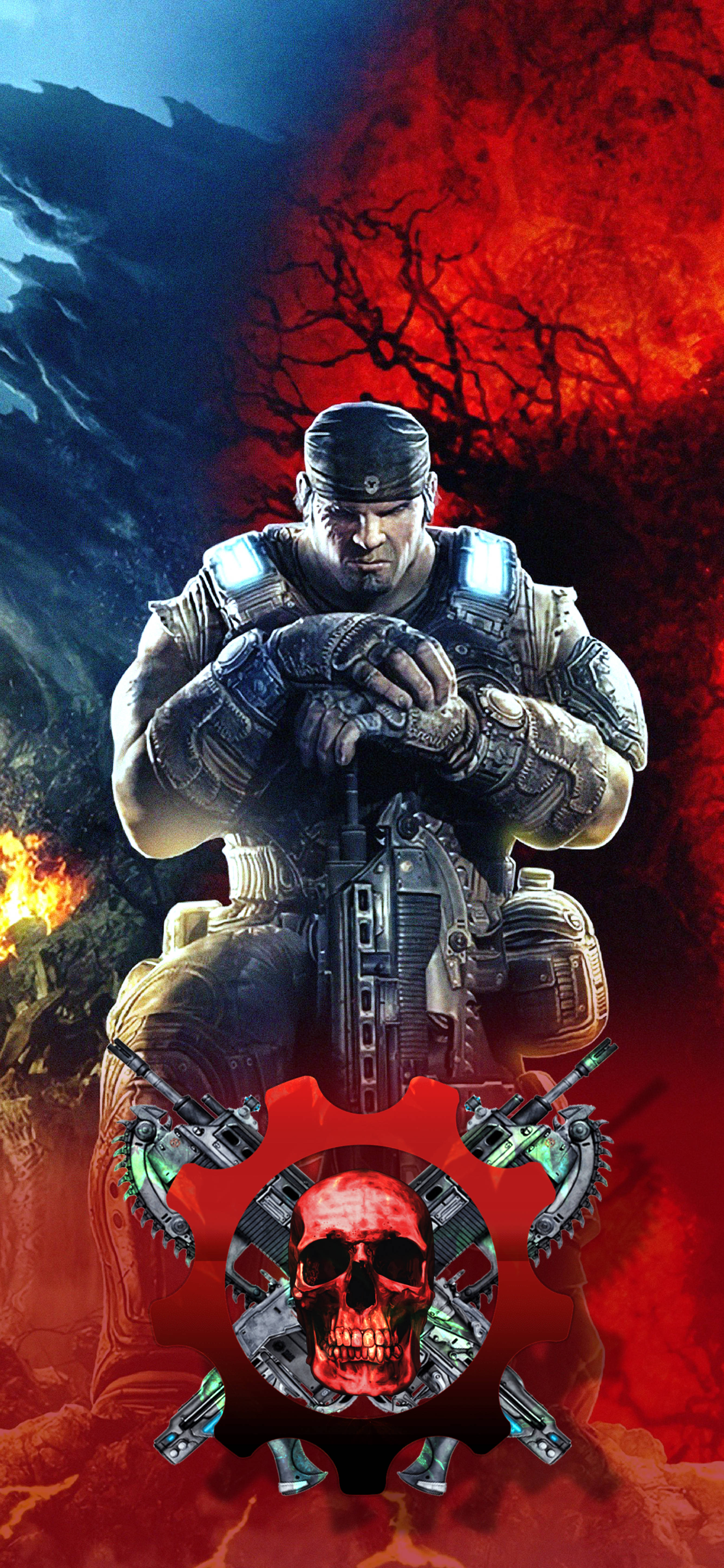 gears 5 iPhone 桌布 壁紙 — 一名身穿重甲的粗獷士兵在火紅與深藍色的戰場背景下，握緊武器，背景有骷髏標誌。