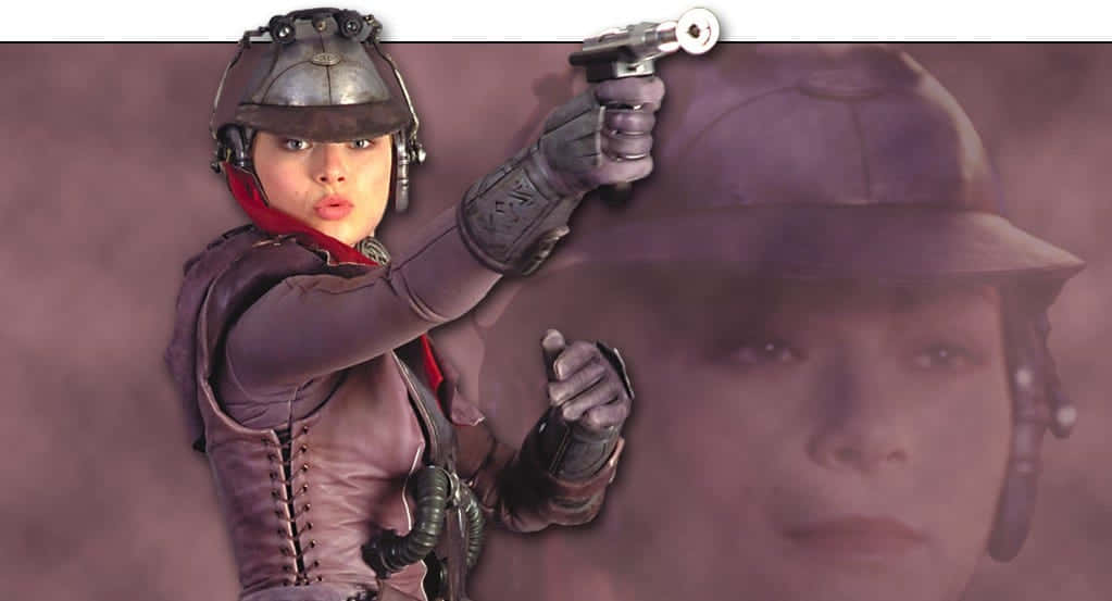 Zam Wesell 桌布 壁紙 — 一名身穿金屬裝備的蒸氣龐克戰士，在煙霧瀰漫的紫色背景下，專注地瞄準手槍。
