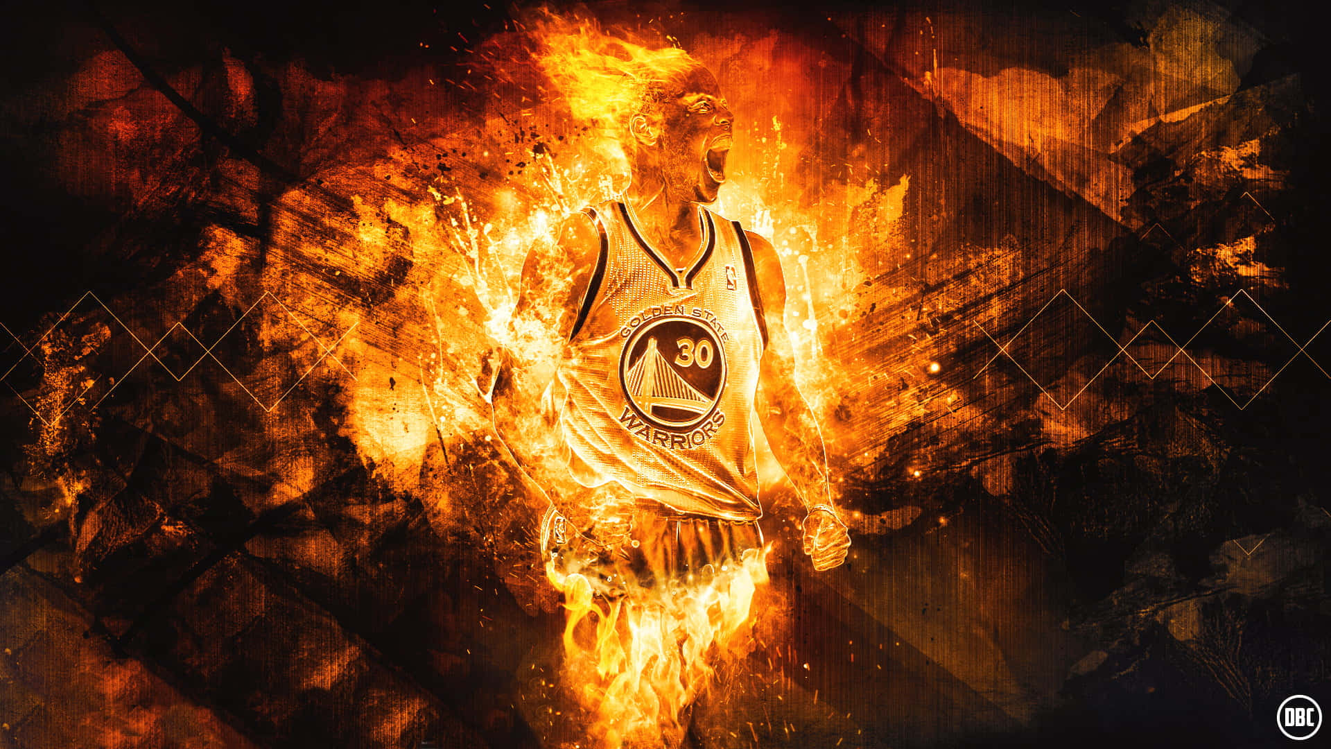 steph curry 桌布 壁紙 — 一名身穿金州勇士隊球衣的籃球運動員，在深色紋理背景中被熊熊火焰吞噬。