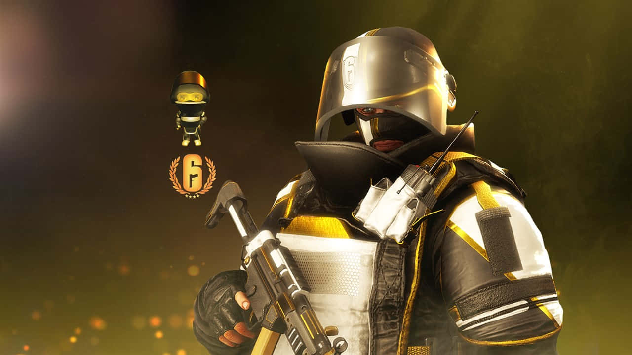 Rainbow Six Siege Rook 桌布 壁紙 — 一名身穿金色和黑色戰術裝備的士兵在溫暖的金色光線下持步槍，附近有一個漂浮的標誌。