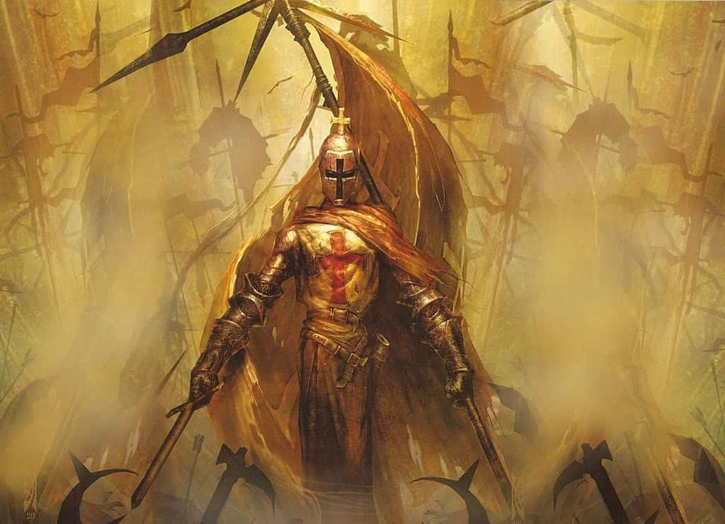 Saint Michael 桌布 壁紙 — 一名身穿金色盔甲、帶有紅色十字的騎士，在佈滿折斷長矛和煙霧的戰場上傲然挺立。