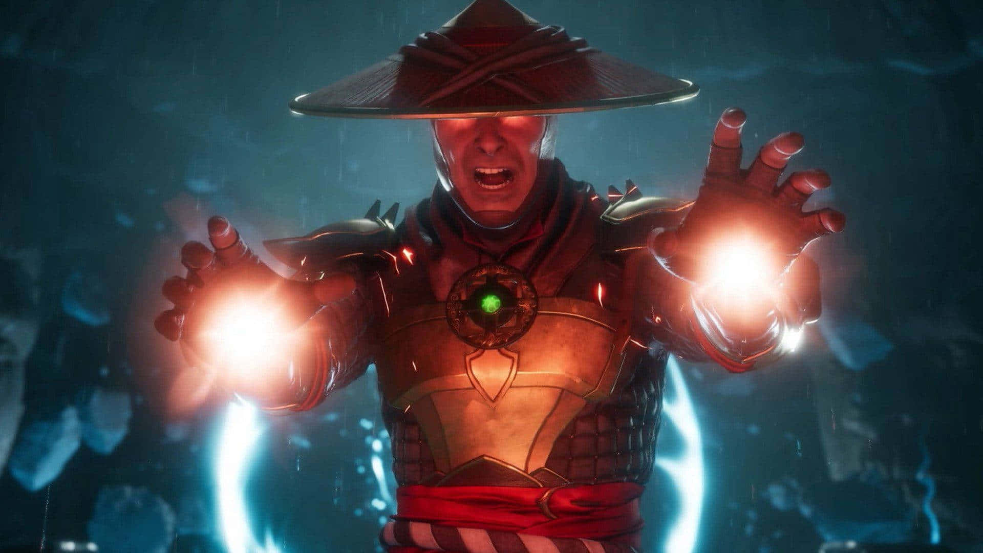 Mortal Kombat Legacy 桌布 壁紙 — 一名身穿金色盔甲、戴著寬邊帽的戰士，在黑暗多雨的環境中從雙手引導發光能量。