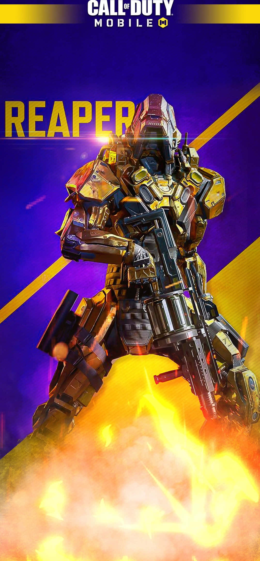 Cod Mobile Character Skins 桌布 壁紙 — 一名身穿金色盔甲名為Reaper的士兵，在紫色和黃色背景的猛烈爆炸中站立。
