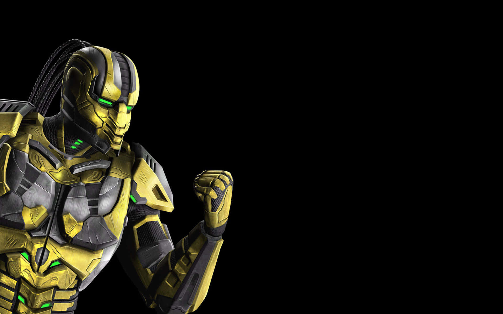 Mortal Kombat Triborg 桌布 壁紙 — 一名身穿金色盔甲的戰士，擁有發光的綠色眼睛和辮子頭髮，在黑色背景下擺出戰鬥姿勢。