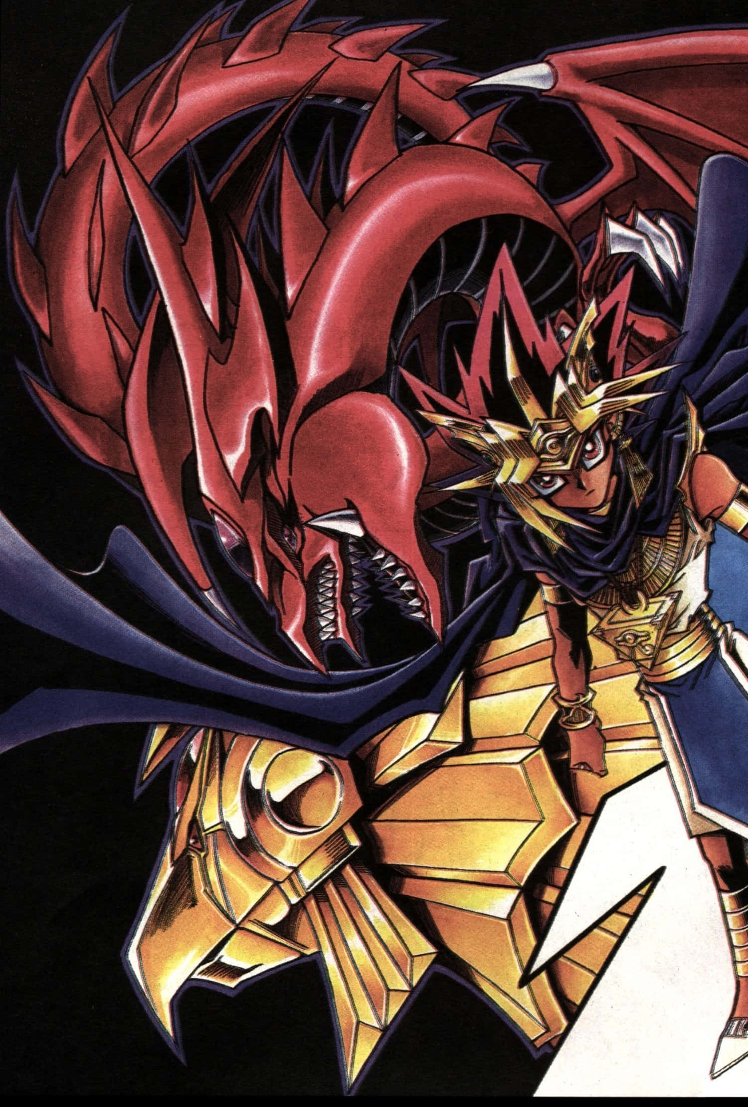 The Winged Dragon Of Ra 桌布 壁紙 — 一名身穿金色鎧甲的戰士，在黑色背景前，挑釁地站在一隻擁有尖刺翅膀的巨大紅龍旁邊。