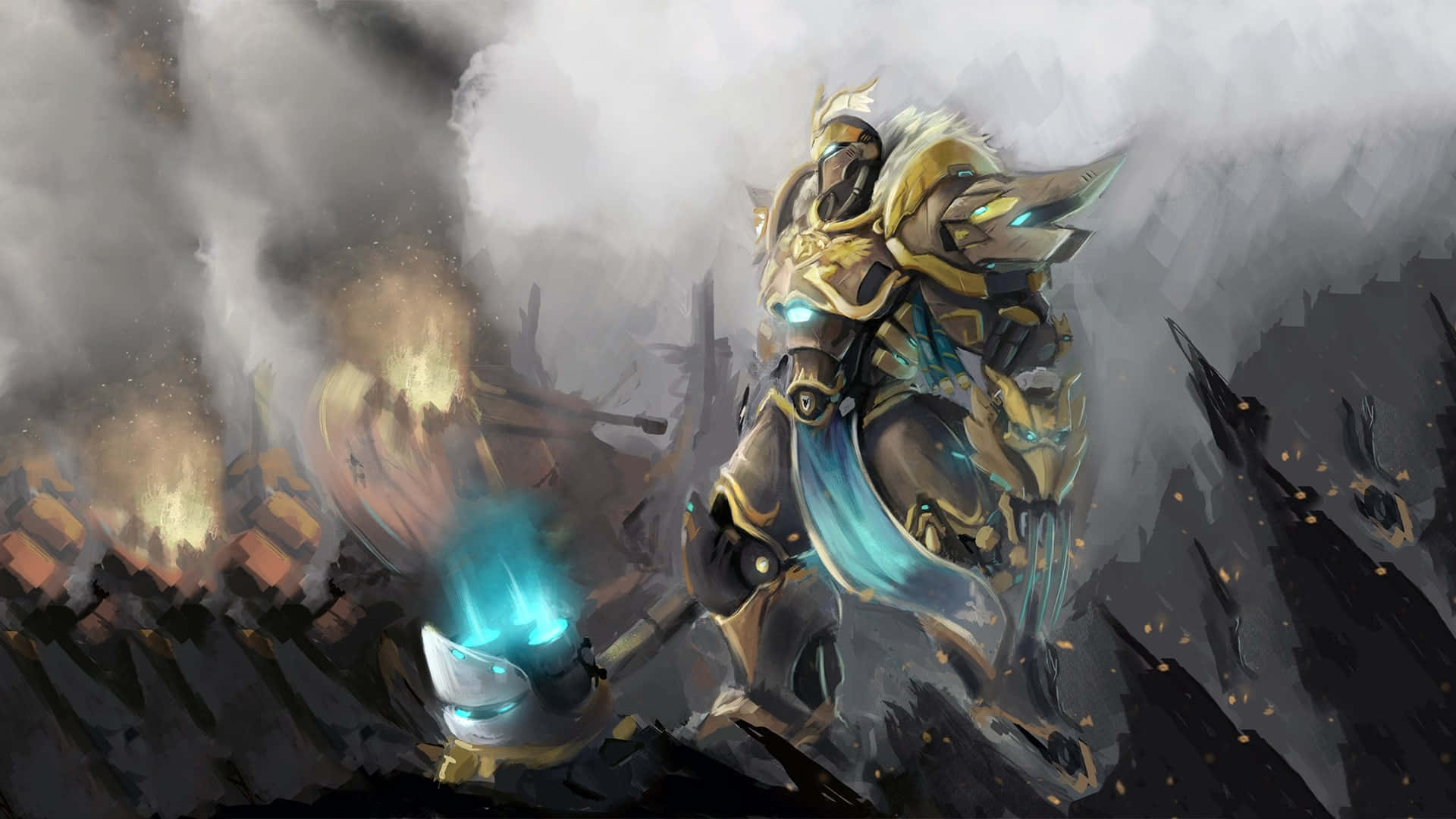 Overwatch Reinhardt 桌布 壁紙 — 一名身穿金色鎧甲的戰士在煙霧和燃燒的廢墟中揮舞著發光的藍色錘子，呈現黑暗奇幻戰鬥場景。