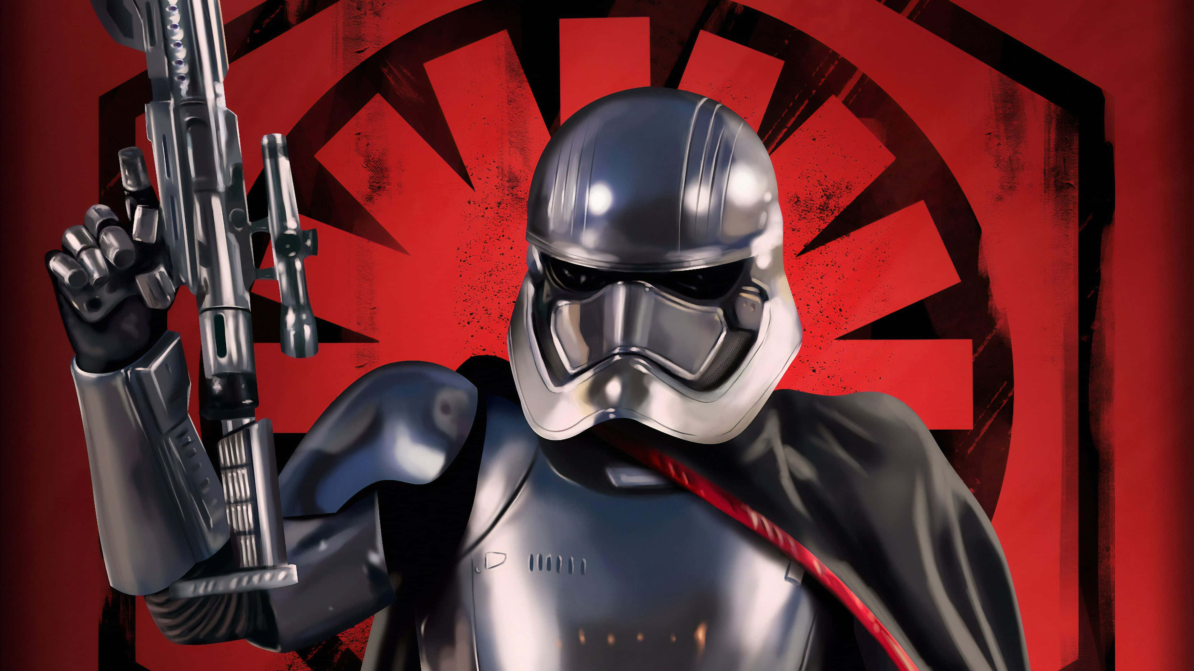 Captain Phasma 桌布 壁紙 — 一名身穿銀色盔甲的第一軍團風暴兵，在醒目的紅色帝國標誌背景下手持爆能槍。