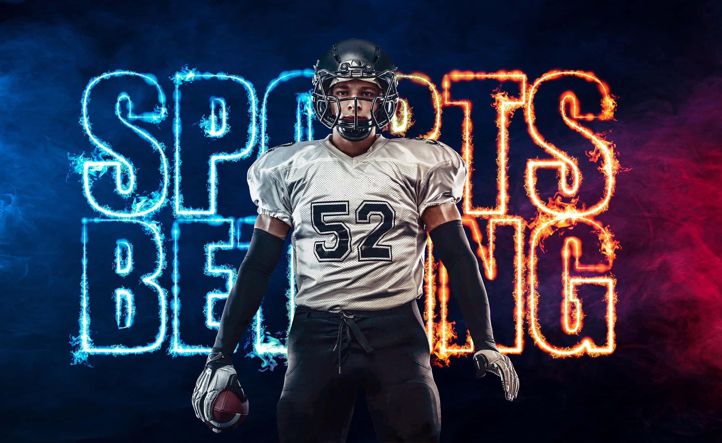 Best Sports 桌布 壁紙 — 一名身穿銀色裝備的美式足球員在熾熱的藍色和橙色「SPORTS BETTING」文字背景前持球。