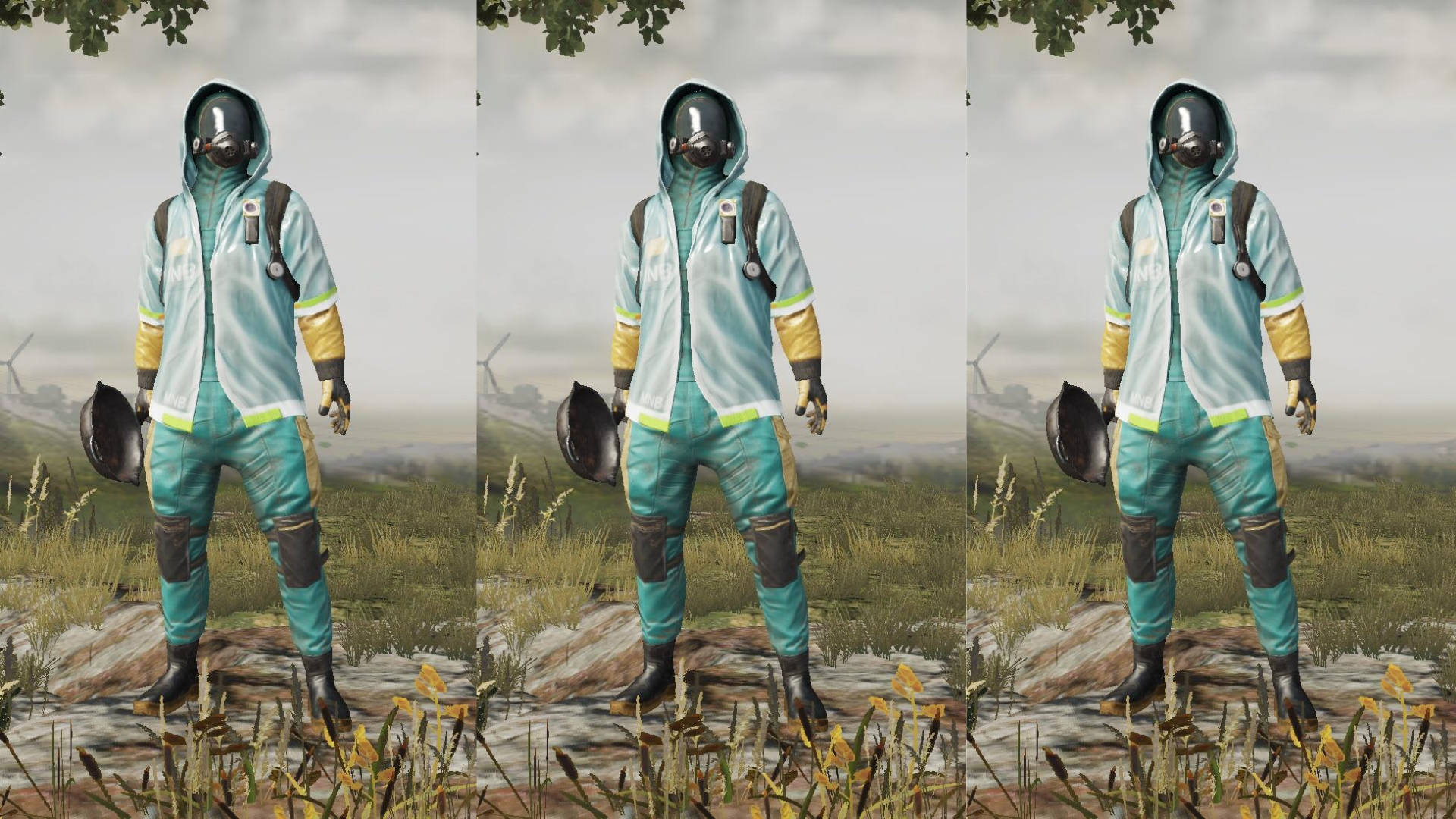 pubg mobile 桌布 壁紙 — 一名身穿青綠色和黃色防護服的士兵站在泥濘的田野中，手持頭盔。