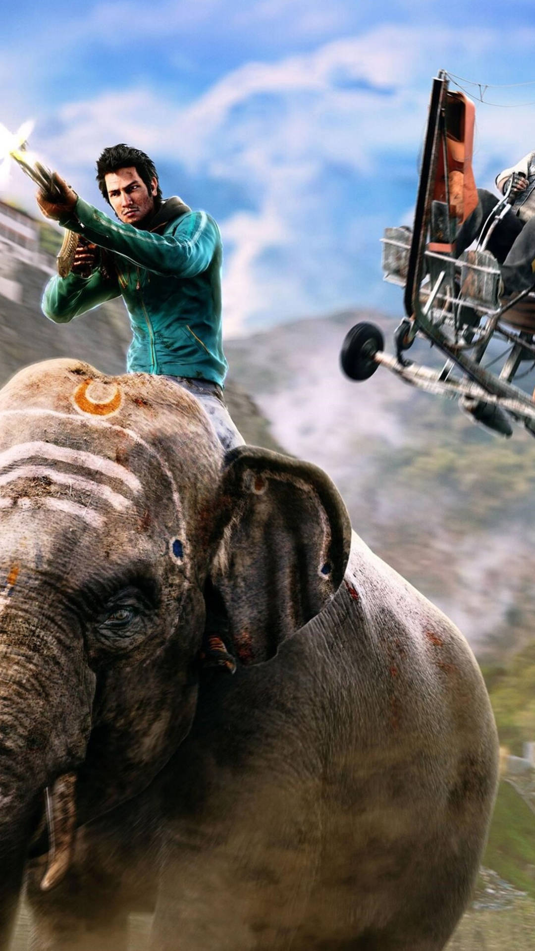 far cry iPhone 桌布 壁紙 — 一名身穿青綠色外套的男子騎著一頭大象，瞄準武器，一架直升機在頭頂飛過，背景是山區。