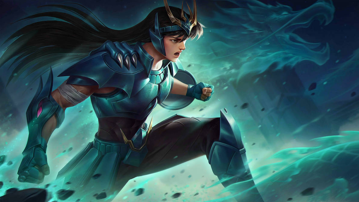 Mobile Legends 桌布 壁紙 — 一名身穿青綠色盔甲的戰士，在黑暗神秘的環境中，飄逸的頭髮和發光的能量在周圍旋轉，向前猛衝。