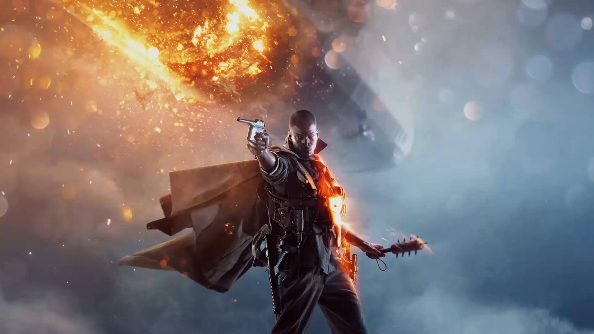 Battlefield 1 HD 桌布 壁紙 — 一名身穿飄逸外套的戰士在煙霧繚繞的背景中，瞄準手槍，周圍燃燒的碎片如雨般落下。