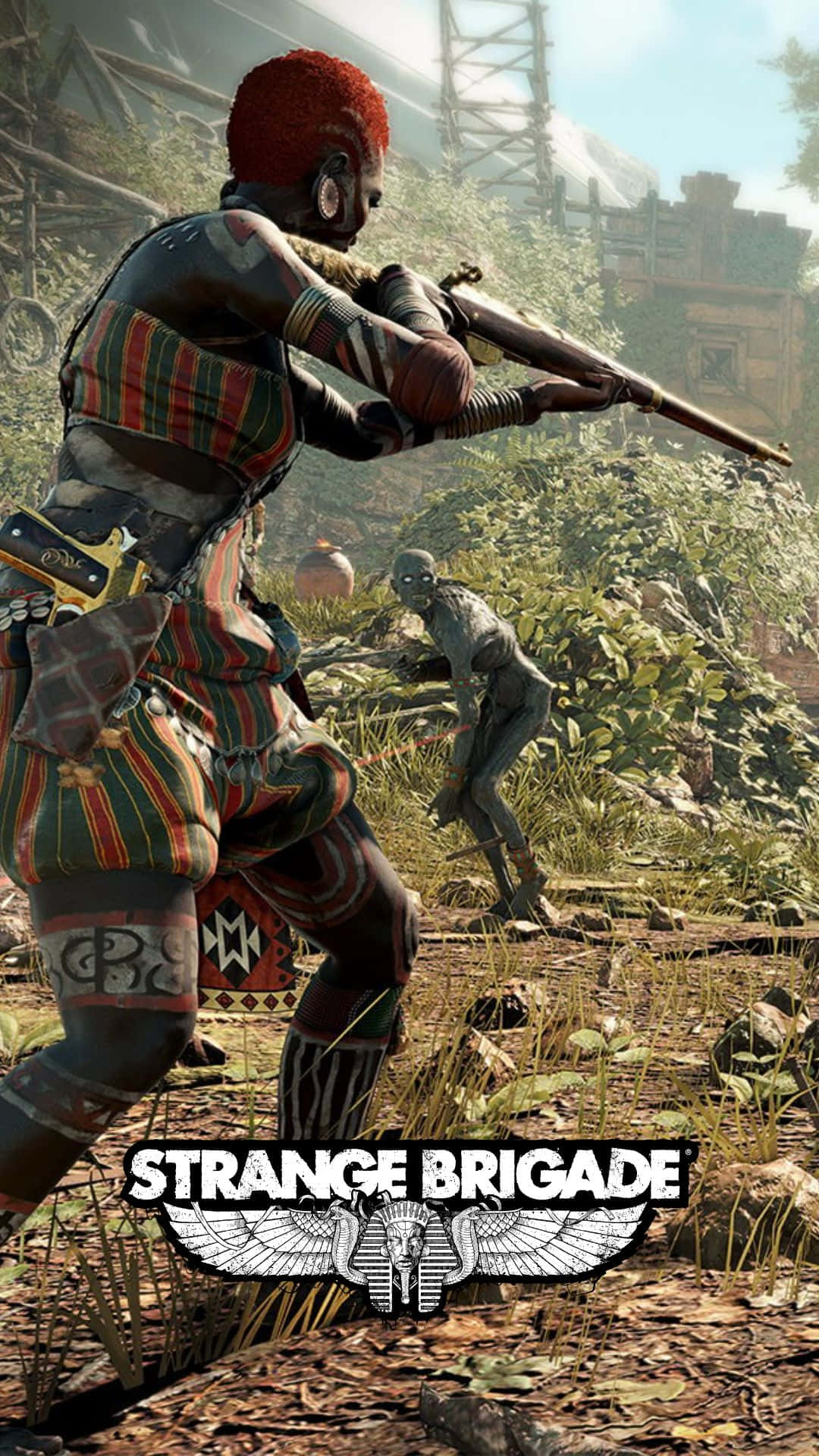 Android Strange Brigade 桌布 壁紙 — 一名身穿鮮豔條紋服裝的戰士，在陽光明媚、雜草叢生的廢墟中，用步槍瞄準一個骷髏敵人。