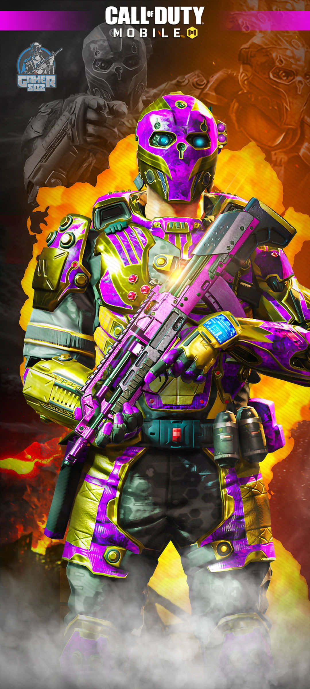 Cod Mobile Character Skins 桌布 壁紙 — 一名身穿鮮豔紫色和金色盔甲的士兵，在熾熱的橙色和黑色背景中，手持步槍，周圍有鬼影。