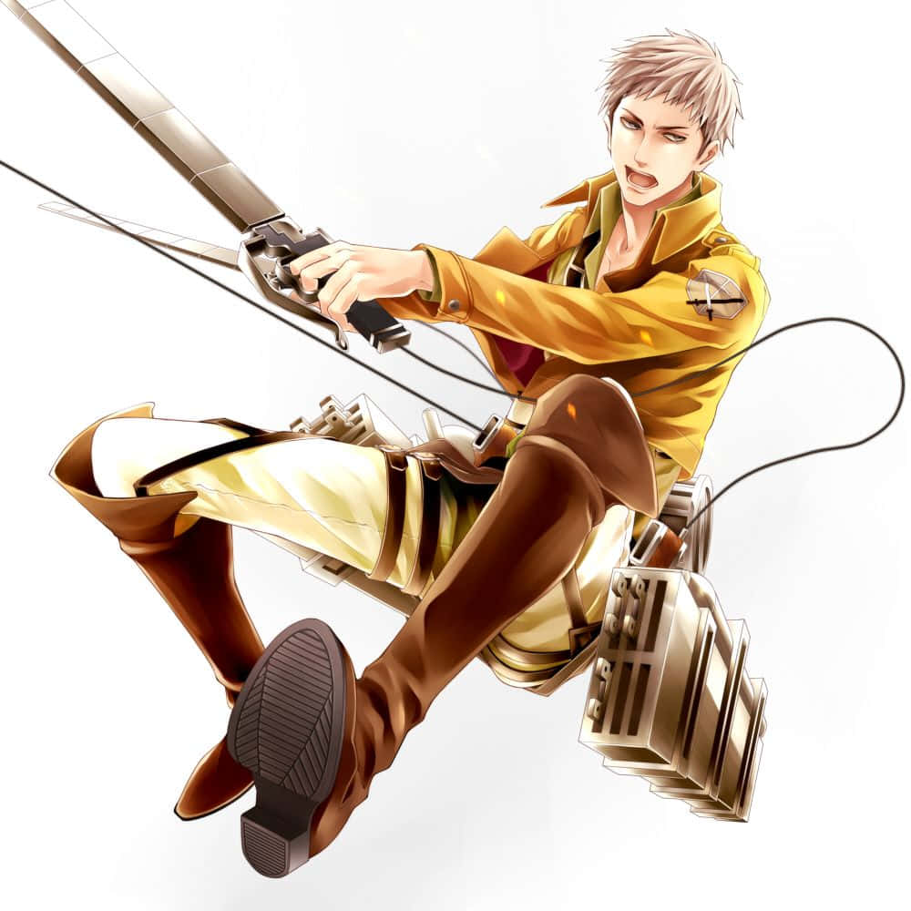 Jean Kirstein 桌布 壁紙 — 一名身穿黃色制服嘅動畫士兵，喺純白色背景前動態地揮舞劍同裝備。