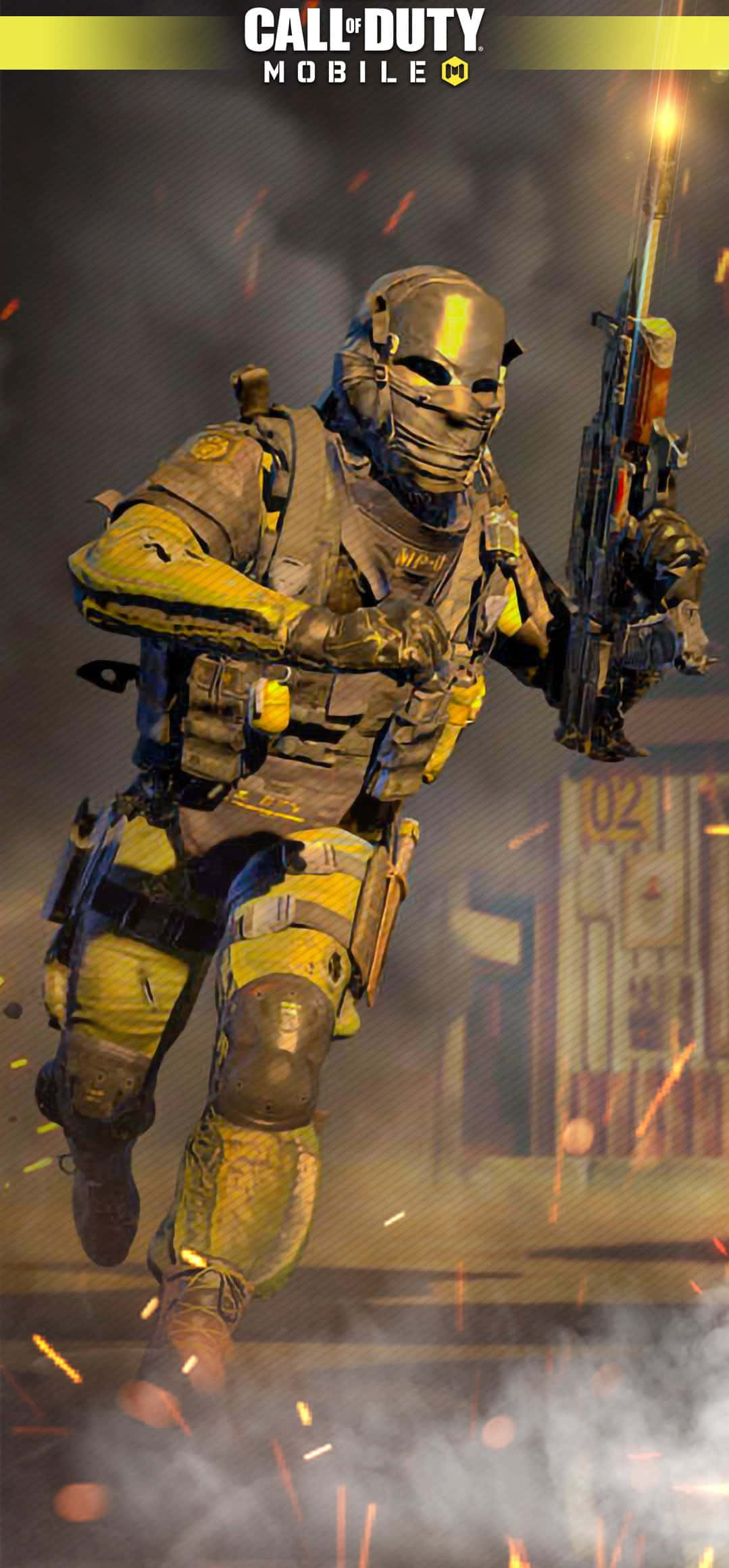 Cod Mobile Character Skins 桌布 壁紙 — 一名身穿黃色和灰色戰術裝備的士兵，揮舞著發光的突擊步槍，穿過煙霧和火花跳躍。