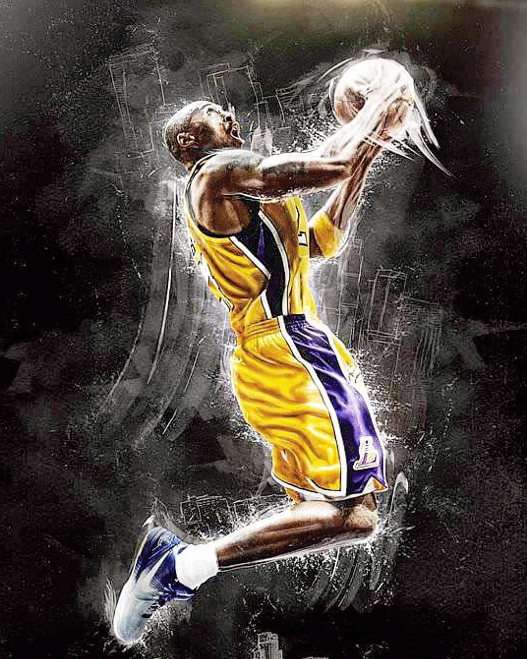 Cool Basketball 桌布 壁紙 — 一名身穿黃色和紫色球衣的籃球運動員在帶有動感飛濺效果的深色抽象背景上動態跳躍。