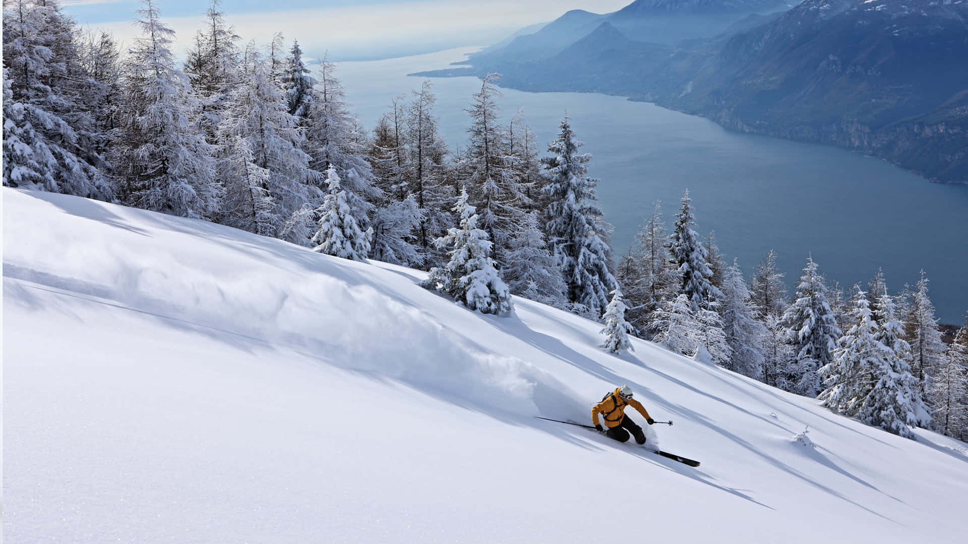 Skiing 桌布 壁紙 — 一名身穿黃色外套的滑雪者在白雪覆蓋的斜坡上滑過新鮮的粉雪，周圍有積雪的松樹和遠處的湖泊，天空湛藍清澈。