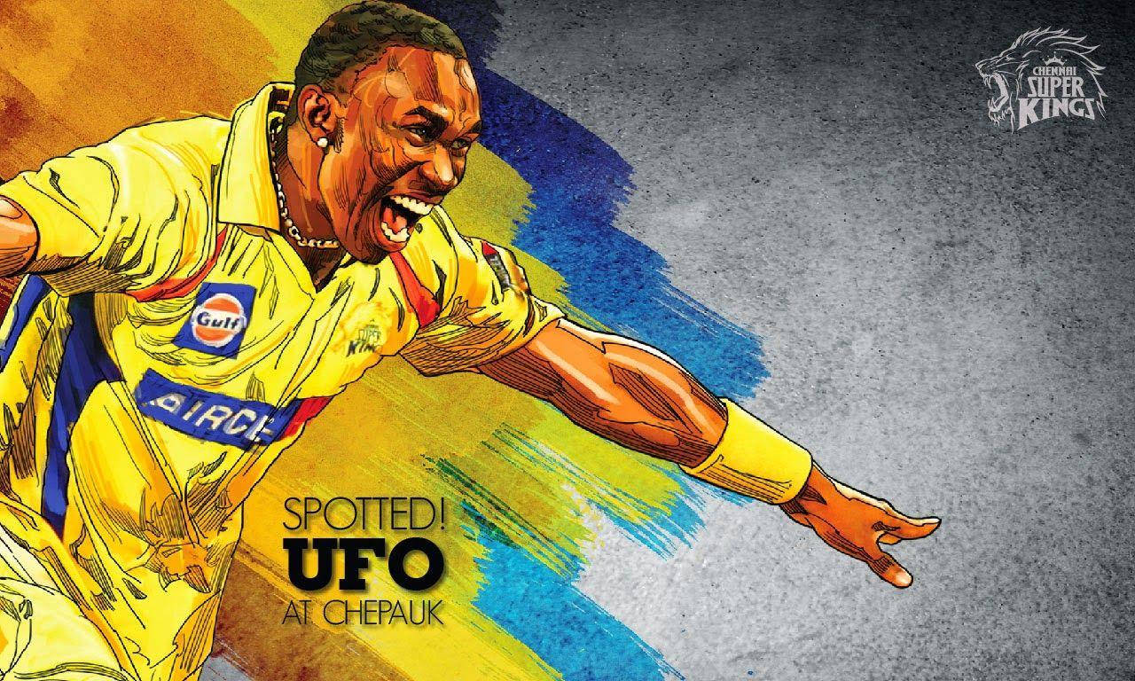Chennai Super Kings Dwayne Bravo 壁紙 — 一名身穿黃色球衣的動態插畫板球運動員，在充滿活力的抽象背景前，以強烈的表情向前猛衝。