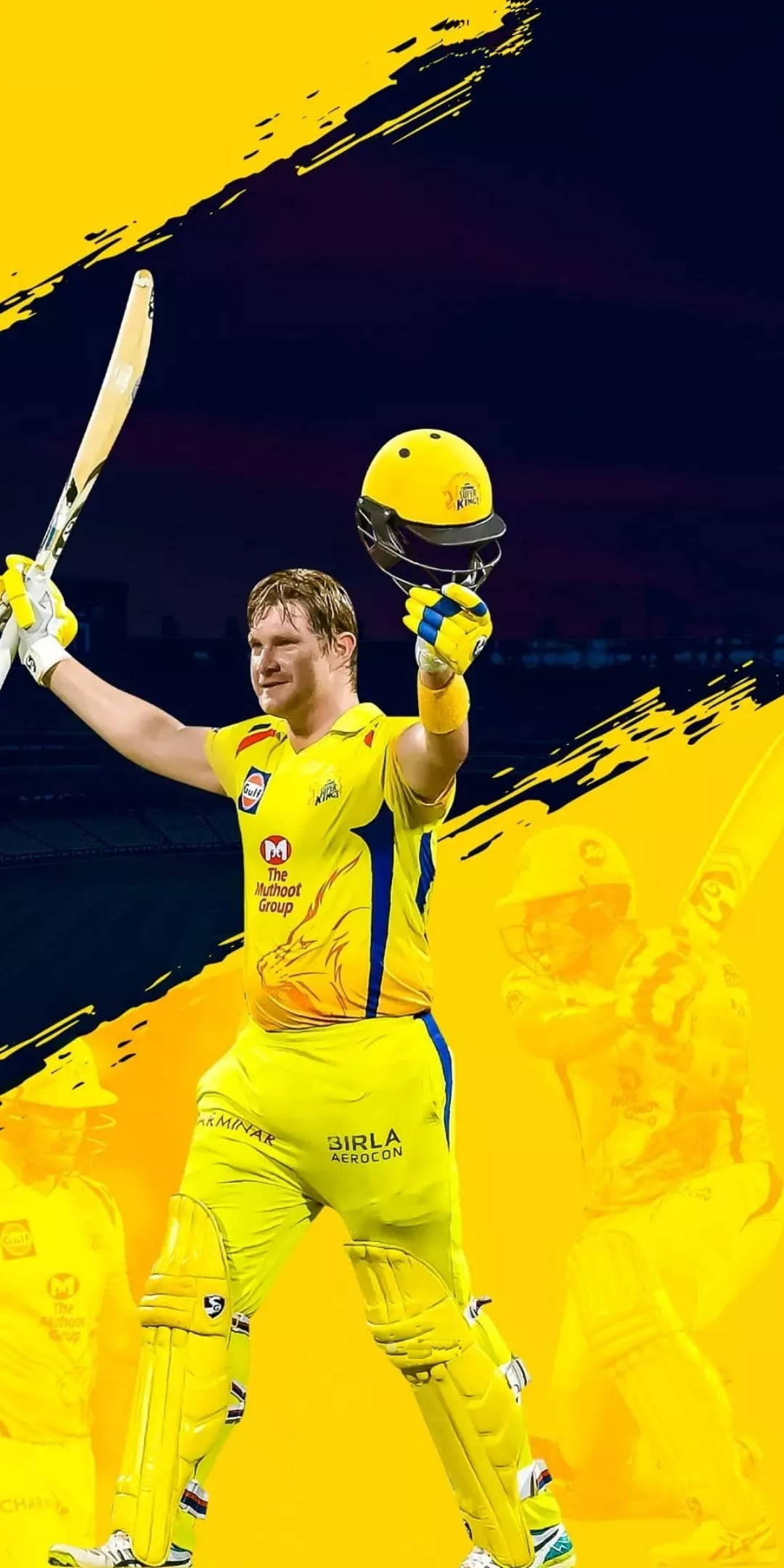 Chennai Super Kings Shane Watson 壁紙 — 一名身穿黃色球衣的板球運動員在鮮黃色和深藍色背景下，高舉球棒和頭盔慶祝勝利。