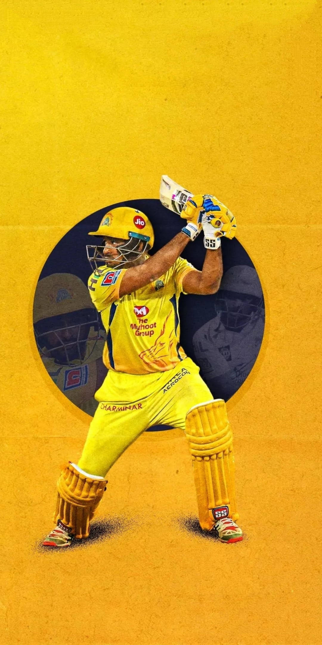 csk 2021 桌布 壁紙 — 一名身穿黃色球衣的板球運動員在鮮黃色背景前揮桿，並帶有圓形肖像插圖。