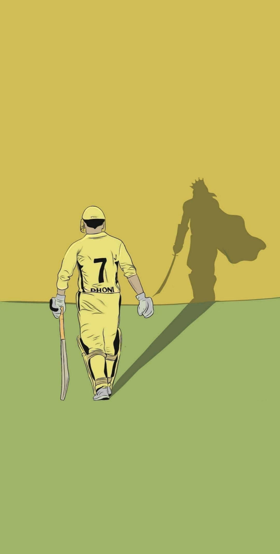 Ms Dhoni 桌布 壁紙 — 一名身穿黃色球衣的板球運動員走開，投射出一個手持劍的加冕戰士的影子。