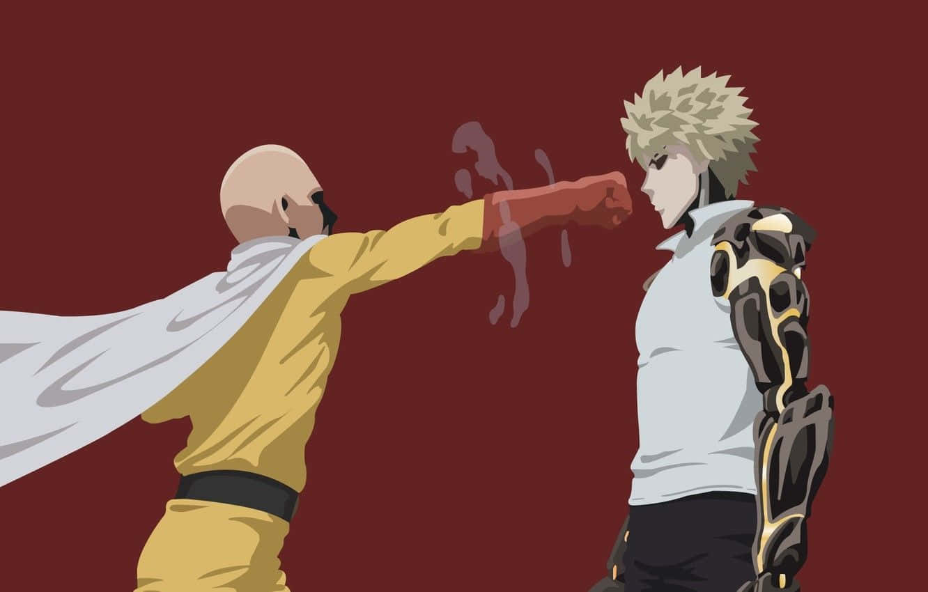 One Punch Man Minimalist 桌布 壁紙 — 一名身穿黃色衣服的光頭戰士，在深紅色背景中向一名身穿黑白盔甲、頭髮尖刺的對手揮拳。
