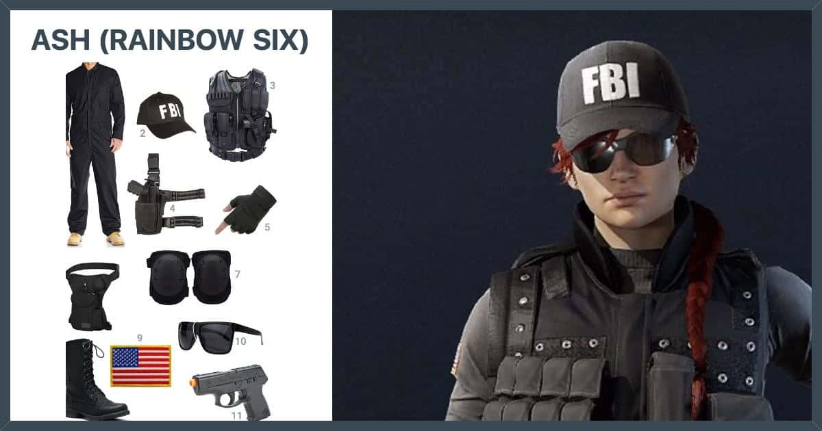 Rainbow Six Siege Ash 桌布 壁紙 — 一名身穿黑色FBI裝備、紅色辮子頭髮和太陽眼鏡的戰術幹員站在完整服裝佈局旁邊。