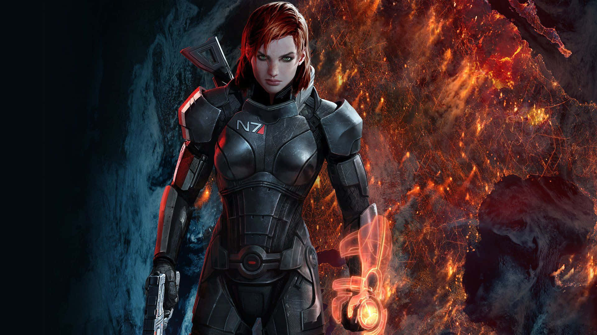 Mass Effect Femshep 桌布 壁紙 — 一名身穿黑色N7裝甲的女兵，在熾熱熔岩和冰崖的背景下挑釁地站立。