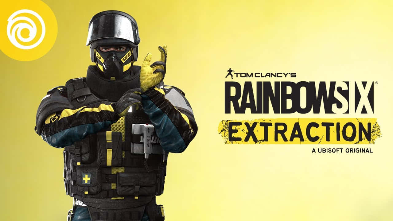 Rainbow Six Siege Doc 桌布 壁紙 — 一名身穿黑色和黃色裝備的戰術操作員在明亮的黃色背景上做出和平手勢，並帶有遊戲標題文字。
