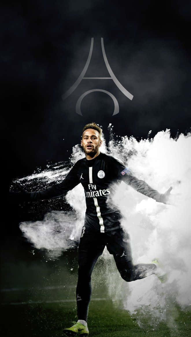 Neymar 桌布 壁紙 — 一名身穿黑色球衣的足球員在深色背景上，穿過白色煙霧，背景有一個大型巴黎聖日耳曼標誌。