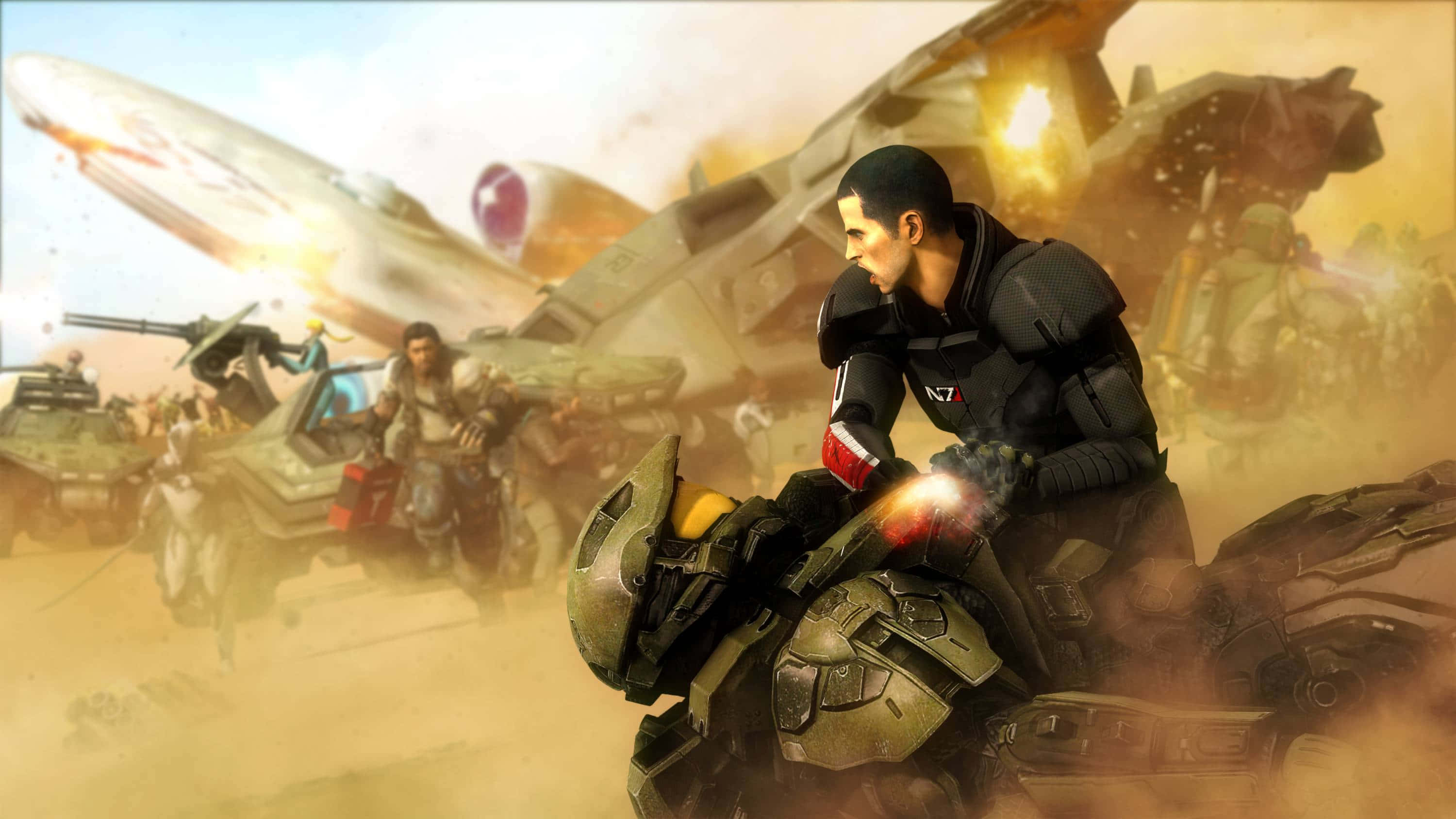 Halo Battle 桌布 壁紙 — 一名身穿黑色盔甲的士兵在塵土飛揚的戰場上駕駛未來風格的電單車，背景有爆炸和戰爭機器。